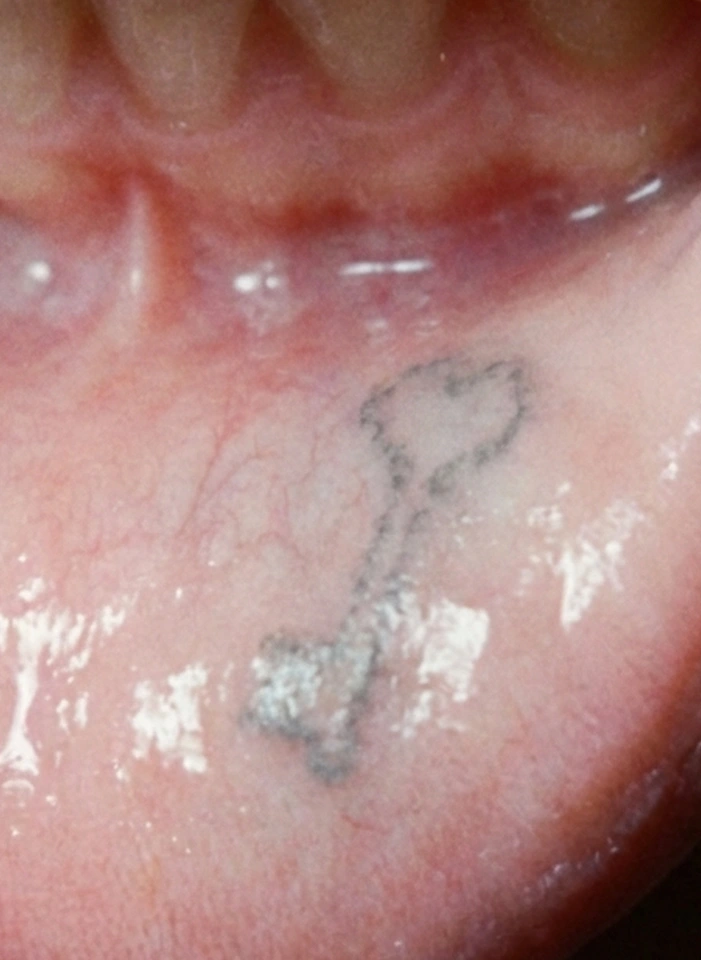A small key shape on the inside of a mouth.
